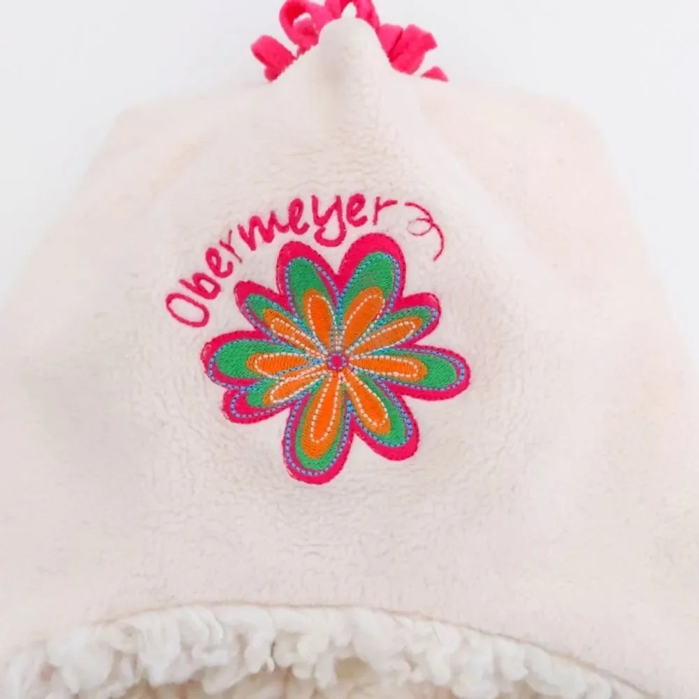 Girl's Obermeyer Fleece Cream Winter Snow Hat w/Pink Flower and Sherpa Interior
